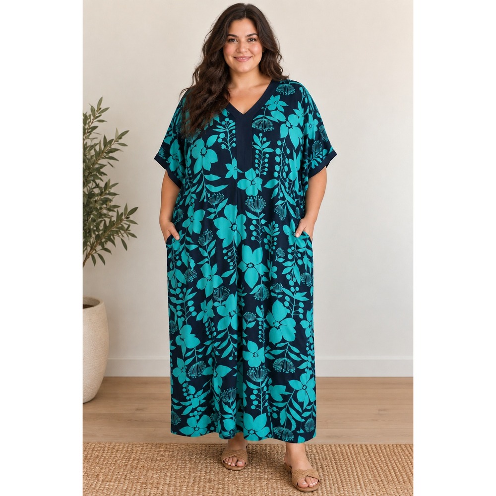 Stan Herman Lounger Dress Women 1X Teal Navy Floral Maxi Caftan Casual Cozy Soft